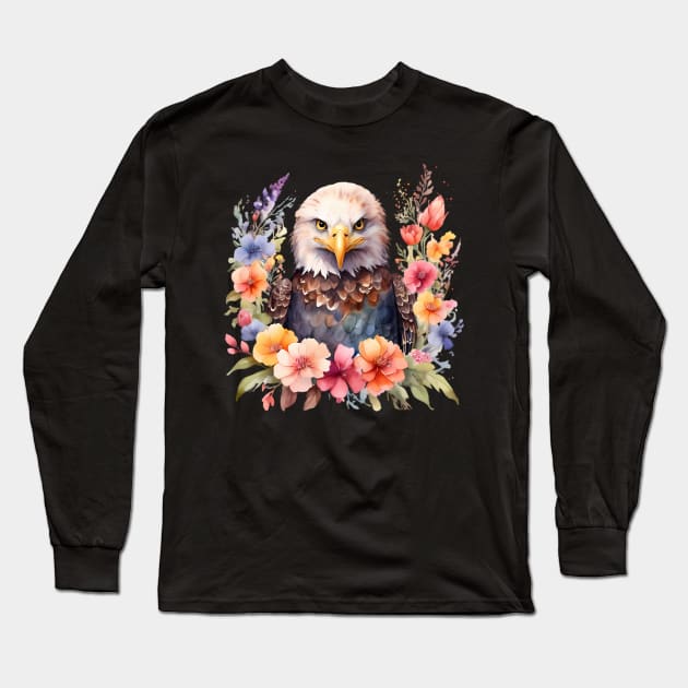 A bald eagle decorated with beautiful watercolor flowers Long Sleeve T-Shirt by CreativeSparkzz